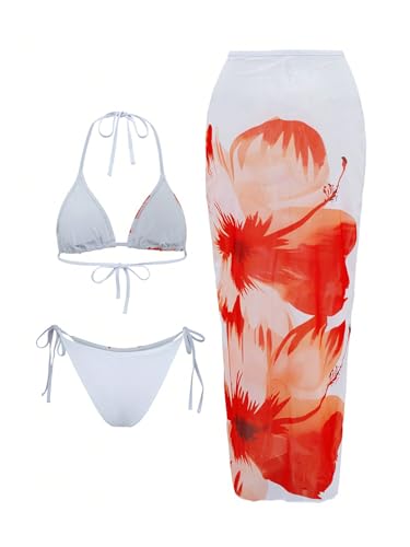 SweatyRocks Women's Halter Triangle Floral Bikini Set 3 Piece Swimsuit with Beach Cover Up Skirt2