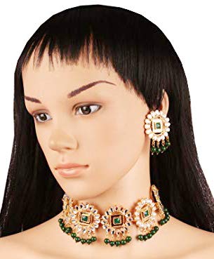 Image of Touchstone Mughal Jali Collection Gold Tone Indian Mughal Bollywood White Diamante Jewelry Choker Set for Women
