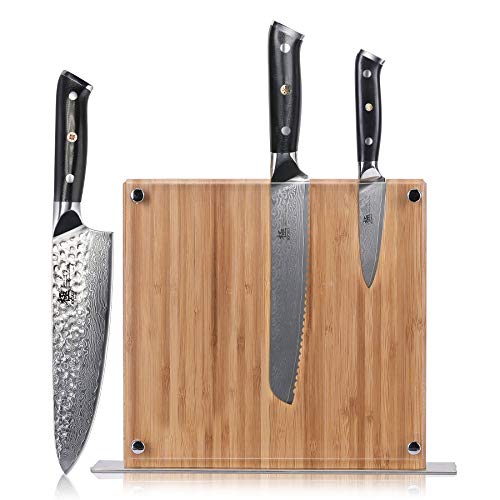 KYOKU Daimyo Series, 3-Piece Knife Block Set - Japanese VG10 Steel Damascus Blade - 8-Inch Chef Knife & 8-Inch Bread Knife & 3.5-Inch Paring Knife & Magnetic Bamboo Block
