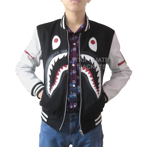 Trifoliate Boys Varsity Jacket – Youth Black Lightweight Applique Shark Mouth Design Real Leather Sleeves Jacket For Kids3