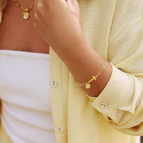 Gold Bracelets for Women,14K Gold-Plated Dainty A-Z Letter Cross Initial Bracelet for Women, Hypoallergenic Paperclip Chain Bracelets Fashion Accessories Religious Christian Gift2
