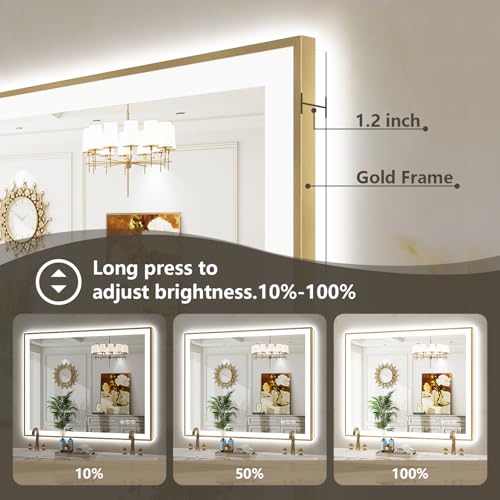 Image of 44x30 LED Bathroom Mirror with Lights, Gold Framed Lighted Mirror | Backlit and Front light, Anti-Fog, 3 Color Dimmable, Memory, Tempered Glass, IP54 Waterproof, UL Listed