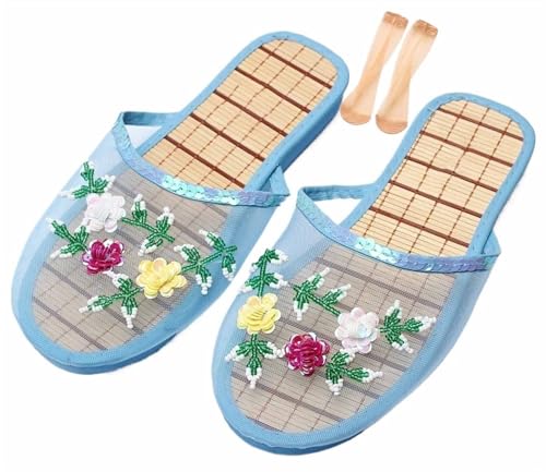 Kinesiska Sandaltofflor I Mesh För Kvinnor, Blommiga Sandaltofflor I Mesh Med Andningsfunktion För Kvinnor (Color : Blue, Size : 39 EU)