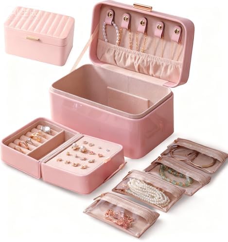 Premium Pu Leather Travel Jewelry Organizer Box with 4 Anti-Tarnish Bags,2-Layer Jewelry Organizer Case for Women and Girls,Portable Case for Necklaces, Bracelets Earrings, Gift-Ready Box