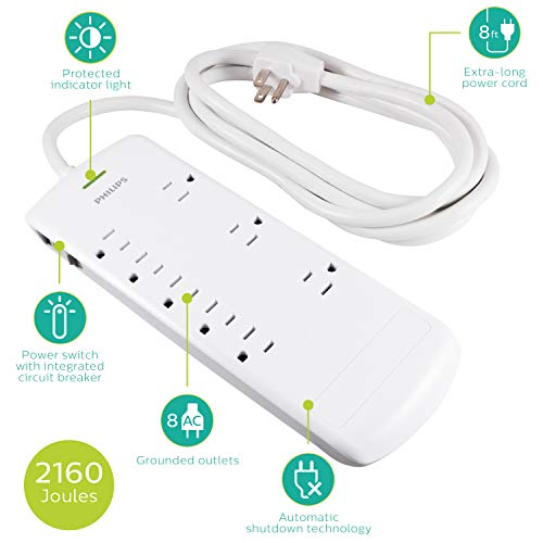 Image of Philips 8 Outlet Power Strip Surge Protector, 8ft Extra-Long Power Cord, Flat Plug, Wall Mount, 2160 Joules, ETL Listed, Circuit Breaker, Automatic Shutdown, White, SPP3086WB /37