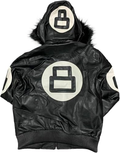 Mens 8 Ball Logo Leather Bomber Jacket Letterman Retro 90s Style Varsity Faux Leather Jacket