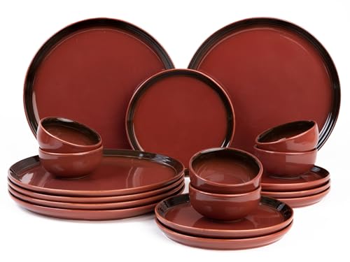 Image of Bodhi House Handcrafted Chip Resistance Porcelain Dinner Set, 18 Pieces Dish Set Serving for 6, Microwave and Dishwasher Safe, Bone-ash Free, Crockery Set for Dining and Gifting, Deep Red