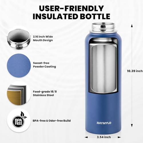 Image of RAYMYLO Insulated Water Bottle 40 oz, Triple Wall Vacuum Stainless Steel (Cold for 36Hrs, Hot for 18Hrs), Leak Proof & Non-BPA, Modern Water Flask Jug with Paracord Handle & Straw Spout Lids