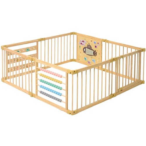 Image of Wooden Playpen Extra Large for Toddlers and Babies - Under The Sea Theme Toy Design - (8/10) Wood Panels - Foldable and Adjustable Baby Pen - Extra Large Baby Pen (8-Panels)