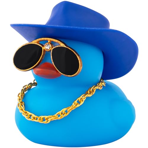 wonuu Car Dashboard Decorations Cowboy Hat Rubber Ducks, Colorful Duck for Car Ornament Accessories with Hat, Glasses, Necklace (Solid Blue)