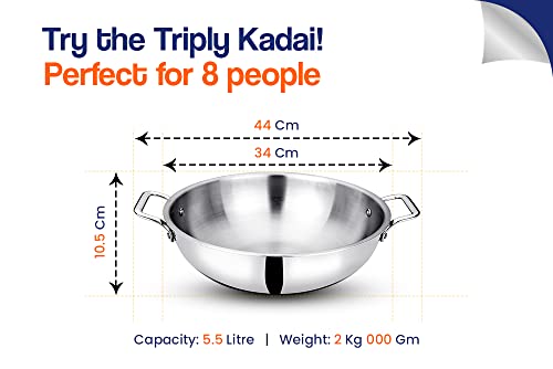 Image of Bhalaria Triply Stainless Steel Kadhai 34cm 5.5 Litre | Induction Base Heavy Gauge 3 Layer Body |Extra Large Deep Fry Pan Wok for Sabzi,Curry & Frying | Food Grade Steel|Gas Compatible|Dishwasher Safe