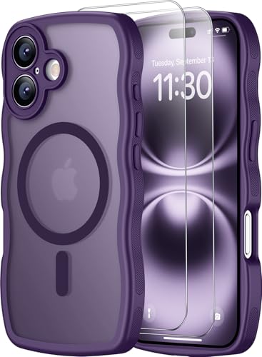 SPIDERCASE Magnetic for iPhone 16 Case, [Curly Wave Edge] with [2 Tempered Glass Screen Protector] [Full Camera Protection] Anti-Fingerprint Anti-Scratch Case for iPhone 16 6.1”, Purple