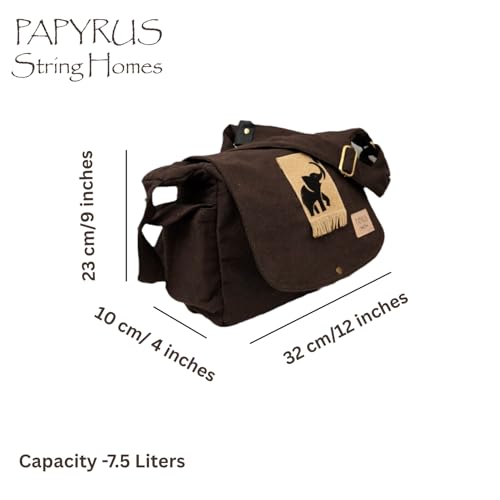 Image of Rough Canvas Cotton Messenger Sling Bag, (32x23x10cm, 7.5L) Medium Size. Patching with Elephant Design