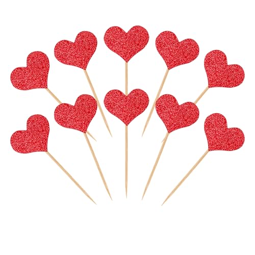 Bliceon 50Pcs Red Glitter Heart Cupcake Toppers - Valentines Day Cake Decorations Wedding and Engagement Picks Bridal Shower and Birthday Party Supplies Mixed Sizes for Sweet Love Celebrations
