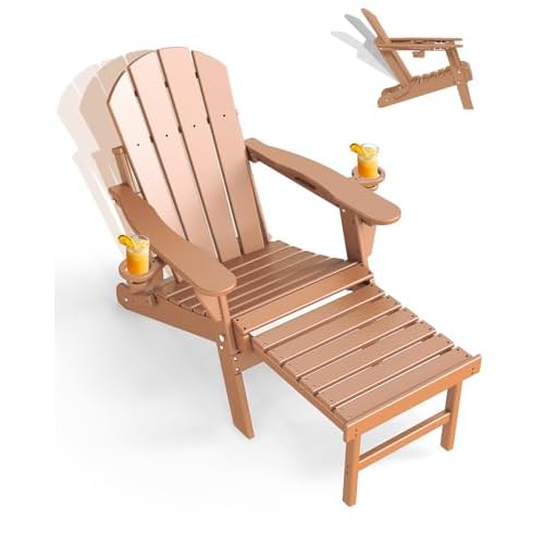 GREENVINES Adjustable Adirondack Chair with Retractable Ottoman | Folding | HDPE Plastic | Fire Pit Chairs w/Foot Rest | 2 Cup Holders | Teak | for Ou