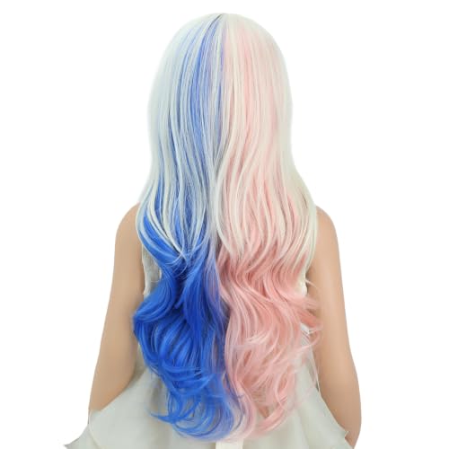 Image of Pink and Blue Wig for Kids Girls Long Blonde Mixed Pink Blue Wavy Curly Wig Children Middle Part Wigs Heat Resistant Synthetic Wigs with Cap