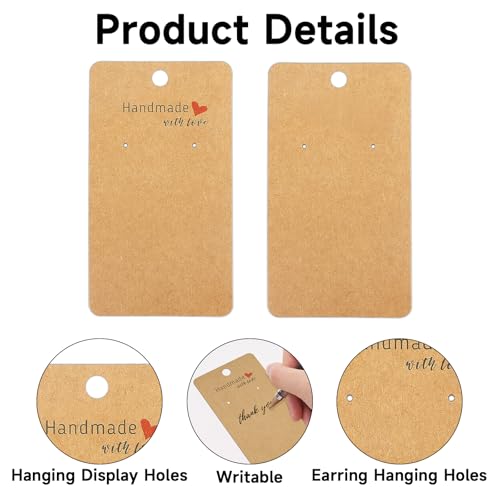 joycraft 200 Pack Kraft Earring Cards, 2"x3.5" Earring Display Holder Cards,Handmade with Love Hanging Tags,Blank Brown Earring Tags for Selling,Hanging Earring,Jewelry,DIY Crafts,Retail3