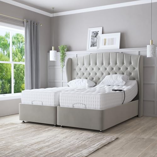 Chelsea Winged Floor Standing Twin Adjustable Electric Bed with (5ft or 6ft – Velvet Ivory). Luxury Adjustable Bed Base with Headboard, & Independent Dual Controls. (Silver, Superking 6 ft)