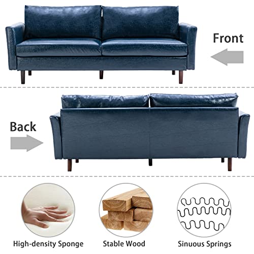 Dreamsir 80'' Faux Leather Sofa Couch, Mid-Century Modern Sofa With Solid Wooden Frame & Padded Cushions, 3-Seater Couch For Living Room, Apartment, Lounge Room (Blue) #TOP4