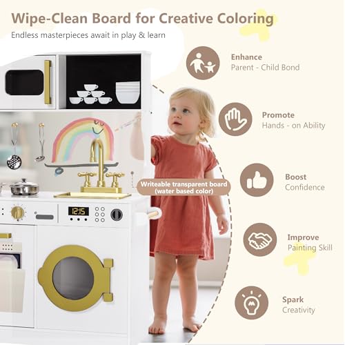 Kinder King Wooden Kids Play Kitchen, Toy Kitchen Playset for Toddler, Play Kitchen Set w/Transparent Coloring Board, Pretend Fridge, Washing Machine, Ice Maker, Gift for Boys Girls Age 3+, White - Thumbnail 4