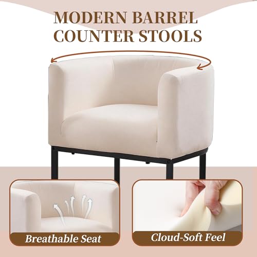 Image of 26 inch Counter Height Bar Stools Set of 1, Linen Fabric Upholstered Barrel Chairs with Back and Arms, Metal Frame Kitchen Island Stools with Footrest, Beige Fabric