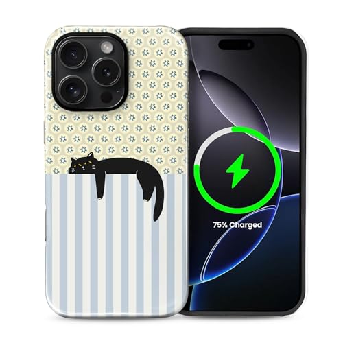 Coque iPhone 16 Pro Max MagSafe chat noir cottagecore en silicone antichoc