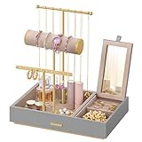 SONGMICS Jewelry Holder, Jewelry Organizer, Jewelry Display Stand, Metal Earring Organizer with Mirror, with Necklace Earring Bracelet Holder, for Rings, Gift Idea, Dove Gray and Gold UJJS022G01