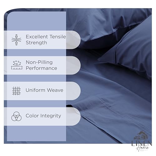 Image of Linen Home 100% Cotton Percale Sheets Full Size, Dark Blue, Deep Pocket, 4 Pieces Set - 1 Flat, 1 Deep Pocket Fitted Sheet and 2 Pillowcases, Crisp Cool and Strong Bed Linen