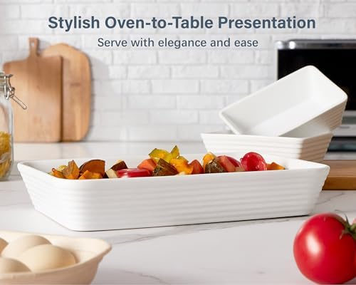 ONEMORE Ceramic Baking Dish, 9x13 Baking Pan Casserole Dish Large Rectangular Baking Dishes for Oven Deep Dish Lasagna Pan for Family Meals Ribbed White Bakeware for Roasting & Serving - Thumbnail 3