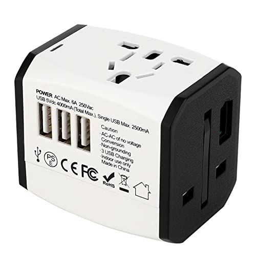 JIYHF Travel Adapter Worldwide, All in One International Plug Adapter with 3 USB Ports and 1 AC Socket Adaptor for USA EU UK AUS(White)