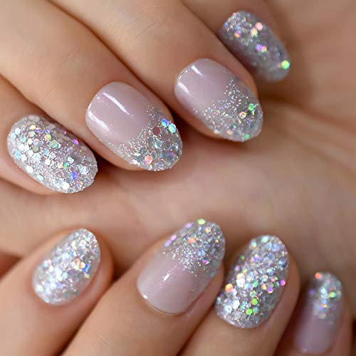 Echiq Holographic Silver Glitter Press On Nails Short Style Daily Wear Nude Pink Lady False Nails Oval Shape Nail Art Tips #TOP29