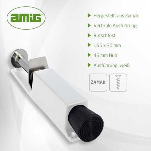 Amig- Türfeststeller zum Festhalten und Offenhalten von Türen | Zamak Vertikaldeckel | Die Tür nicht zu knallen | Maße: 165 x 30 mm | Gehweg: 45 mm | Weiss Farbe