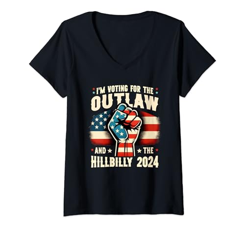 Mujer Bandera de Estados Unidos Estoy votando por el forajido y la camiseta Hillbilly 2024 Camiseta Cuello V