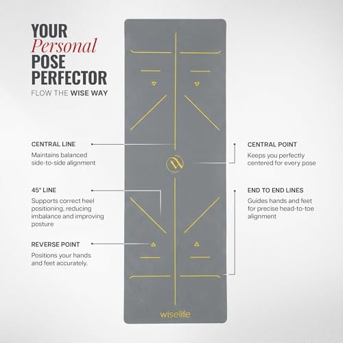 Image of WiseLife TRUE Body Alignment Yoga Mat + Sleek Yoga Strap for Men and Women | Non-Slip Textured Extra Wide & Thick | Pro Balance Eco-TPE Exercise Mat For Home, Pilates, Gym & Fitness (6mm, Grey)