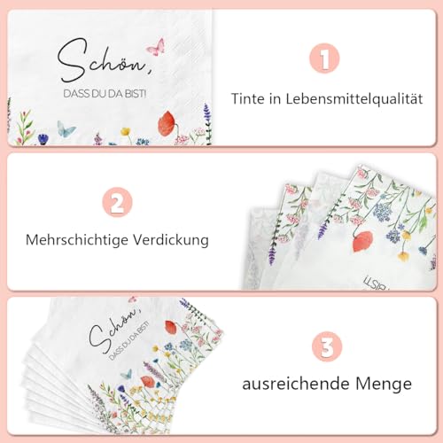 40 Stück Servietten Schön Dass Du Da Bist – Blumen & Schmetterling Design, 33x33 cm – Papier-Servietten Hochzeit, Geburtstag, Frühling, Ostern, Tischdekoration