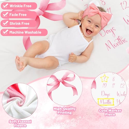 Image of Preboun Monthly Milestone Blankets for Baby Girls 51 inch x 39 inch Newborn Baby Blankets Pink Bow Photography Background Fleece Growth Chart Blanket with Wooden Signs, Frames, Bow Headband