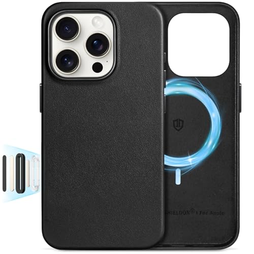 SHIELDON Lederhülle für iPhone 16 Pro Magnetisch Handyhülle [Kabelloses Laden] [Echtleder] [Kamerasteuerung] [Dünn] [Leicht] Schutzhülle Hüllen Kompatibel mit iPhone 16 Pro 5G 6 3 2024 Schwarz