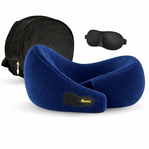 Image of HEVEA Travel Neck Pillow, 100% Memory Foam with 360 Degree Neck Support for Flight, Car, Bus, Office & Train Travel, Adjustable Velcro, Washable Velvet Cover, Free Travel Pouch, Navy Blue