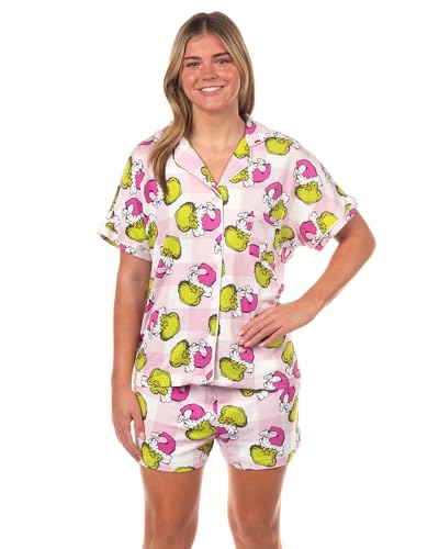 Dr. Seuss The Grinch Santa Pink Plaid Notch Collar Short 2-Piece Sleep Set (Medium)