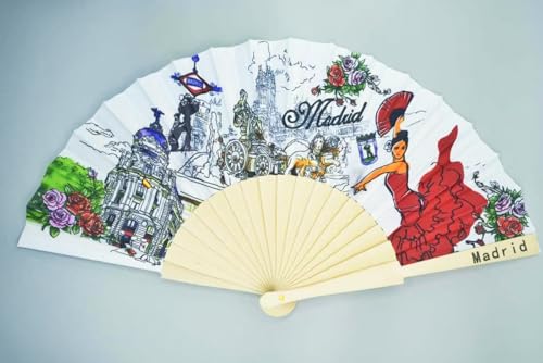 MUNDI&V Abanicos de Madera – Souvenir de Madrid – Diseños Tradicionales Españoles – Hecho en España – Regalo Ideal para Mujer (SZ200)