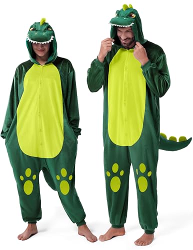 Spooktacular Creations Dinosaur Pajama, Plush Dinosaur Costume Adult, One Piece Halloween Costumes Jumpsuit Green Animal Hoodie Outfit for Cosplay Themed Party, XL