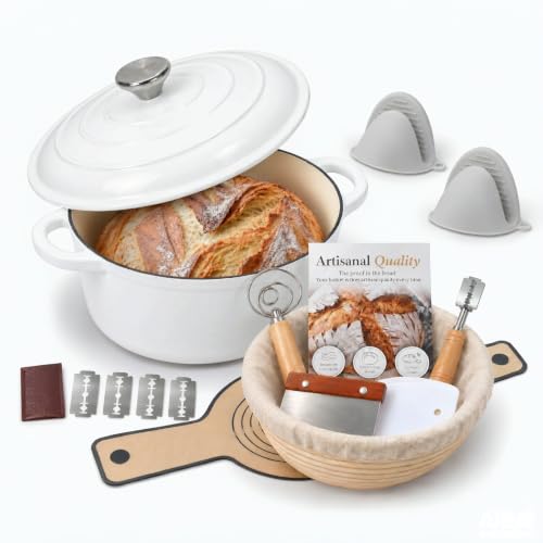 5QT-Enameled-Cast-Iron-Dutch-Oven-for-Bread-Baking-with-Lid-Sourdough-Baking-Supplies-with-Proofing-Basket-Bread-Making-Tools-Set-Heavy-Duty-Cookware-for-Braising-Stews-Roasting-White 5QT Enameled Cast Iron Dutch Oven for Bread Baking with Lid, Sourdough Baking Supplies with Proofing Basket, Bread Making Tools Set, Heavy-Duty Cookware for Braising, Stews, Roasting White - Image 1