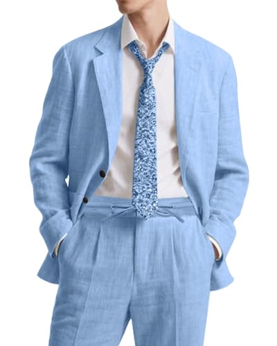 Men’s Linen Suits 2 Piece Slim Fit Sets Vintage Casual Men Suit Linen Tuxedo Summer Wedding Prom Blazer Jackets Drawstring Pants Sets Light Blue Size XS