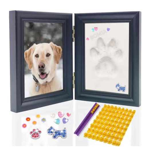 MYPAWLETS Dog or Cat Paw Print Kit with Trinkets,Pet paw Print Impression kit with 2 Clay,Wooden Dog Picture Frame,Personalized Gift Keepsake for Pet Lovers-Black