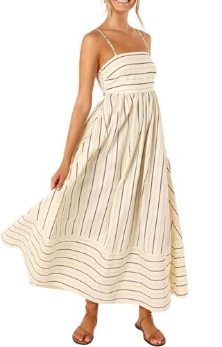 Image of KMBANGI Women Striped Sleeveless Maxi Dress Swing Patchwork Midi Dress Smocked Spaghetti Strap Colorful Long Sundress