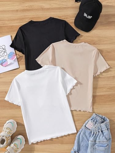 OYOANGLE Girl's 3 Piece Short Sleeve Tees Crew Neck Ribbed Knit Tee Shirts Basic Solid Crew Neck T-Shirt2