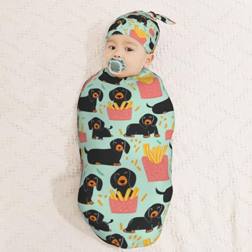 Image of Adorable Dachshunds Newborn Swaddle Blankets Hat Sets Soft Baby Receiving Blanket Swaddle Sack for Baby Shower Infant Boy Girl Gift