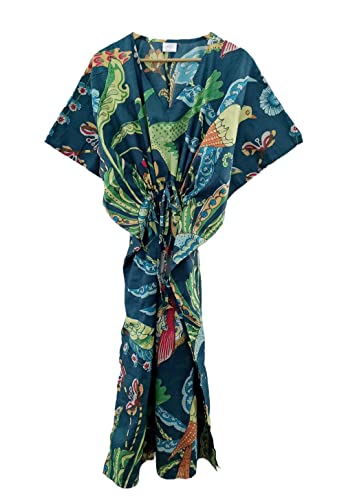 Indian Peacock Print Cotton Sleepwear Dress Hippie Beach cover up nightwear Caftan Dress