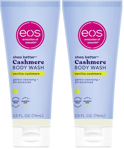 Image of eos Travel Vanilla Cashmere Body Wash- Travel Size Essential, Toiletries, Mini Body Wash, 2.5 fl oz (Pack of 2)