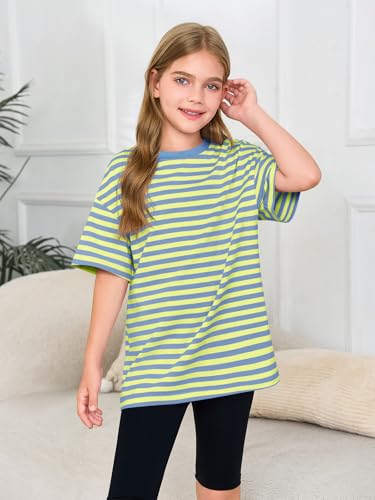 Image of Haloumoning Girls Striped Short Sleeve T Shirts Kids Summer Oversized Tops Casual Crewneck Tees 5-14 Years
